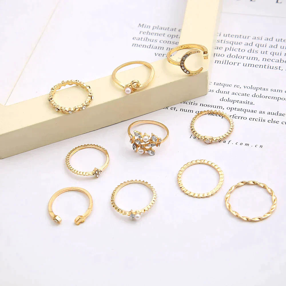 Anne – Set of 10 boho rings in gold and silver