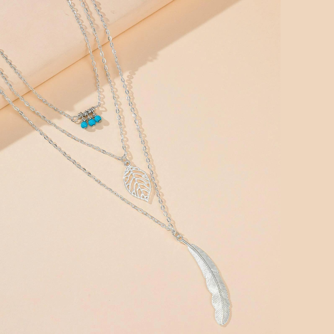 Leaf & Feather Pendant - 3-layer Necklace