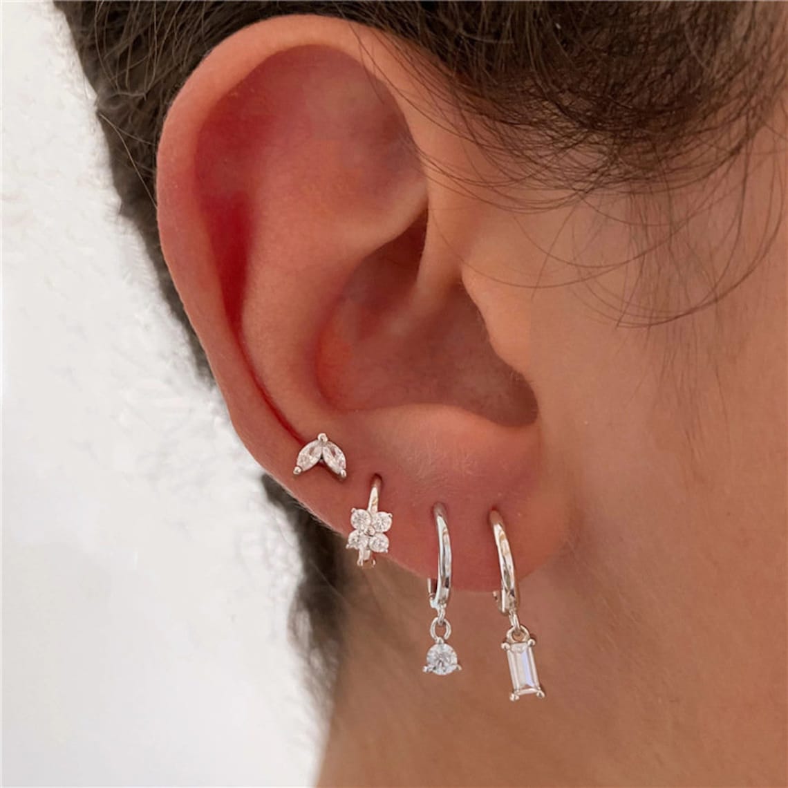 4-Piece Earring Set - Geometric Marquise Flower Zirconia