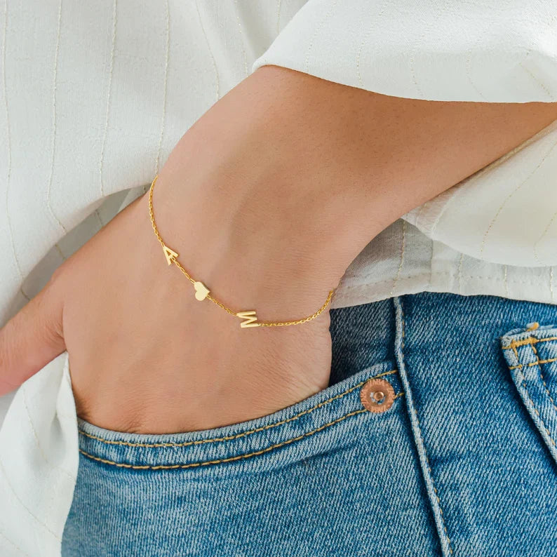 Bracelet with Double Initials - Double Love Heart Bracelet for Her