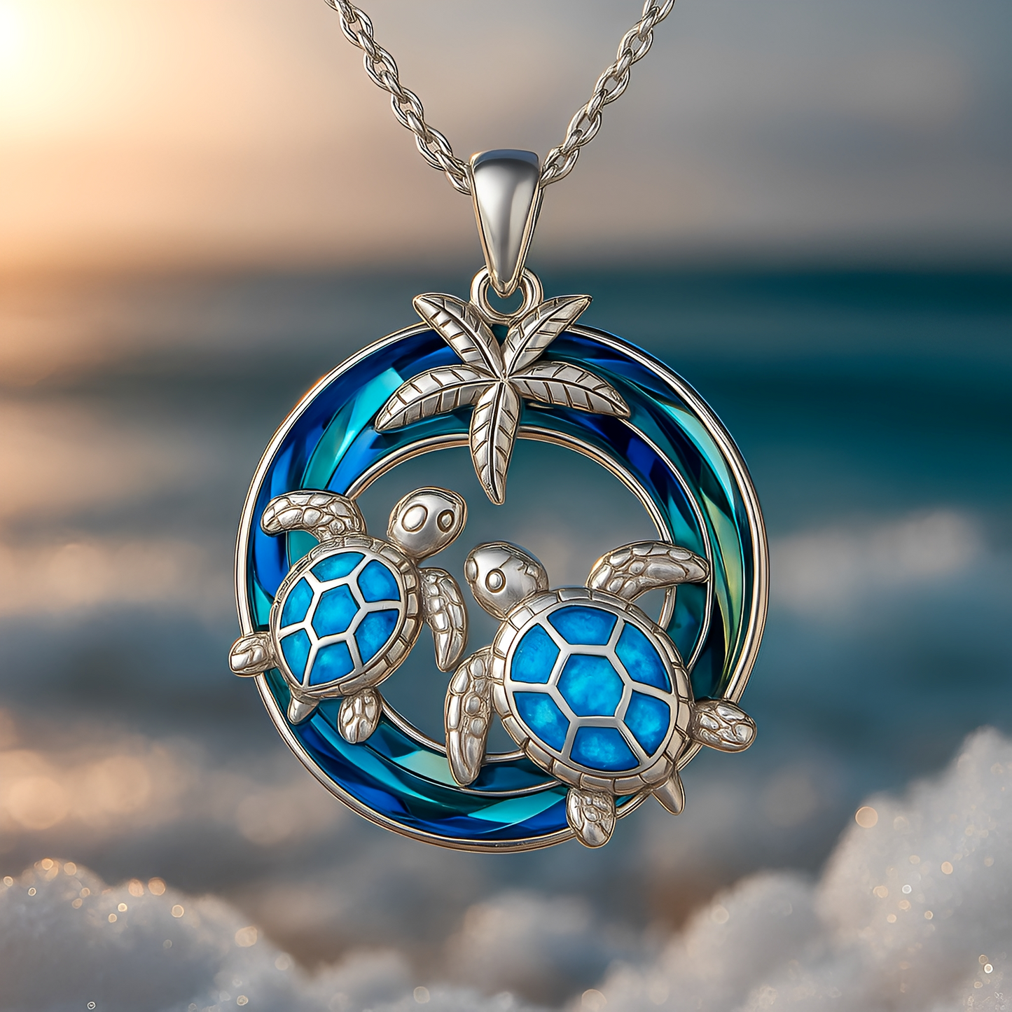 Nolwen – Necklace Turtle and Palm with Circle of Opal