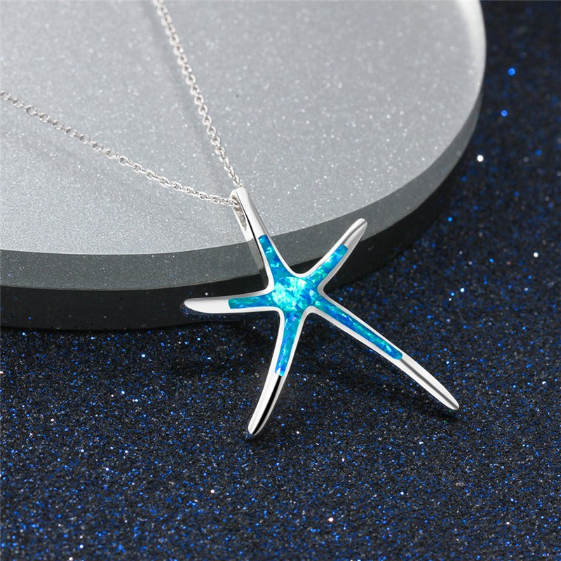 Starla – Silver Necklace with Starfish and Blue Opal