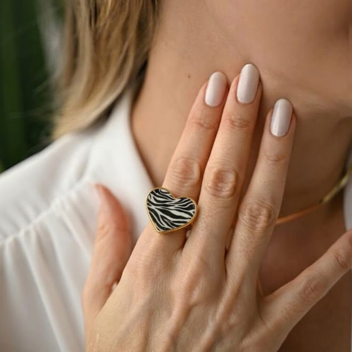 Women’s Adjustable Open Ring with Heart Detail and Zebra Pattern