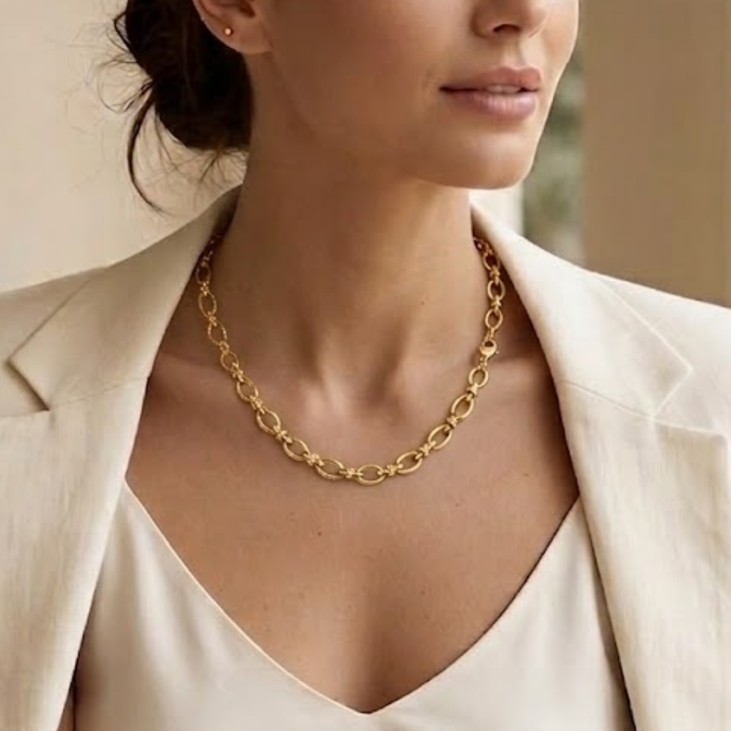 Women's Link Necklace with Oval Chain Links and Adjustable Clasp