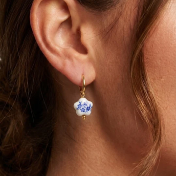Women’s Drop Earrings with Floral Painted Bead Pendant and Small Hoop