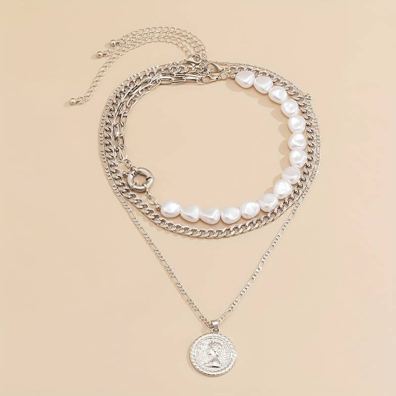 Pearl and Vintage Pendant Necklace - 3 Piece Pendant and Pearl Necklace