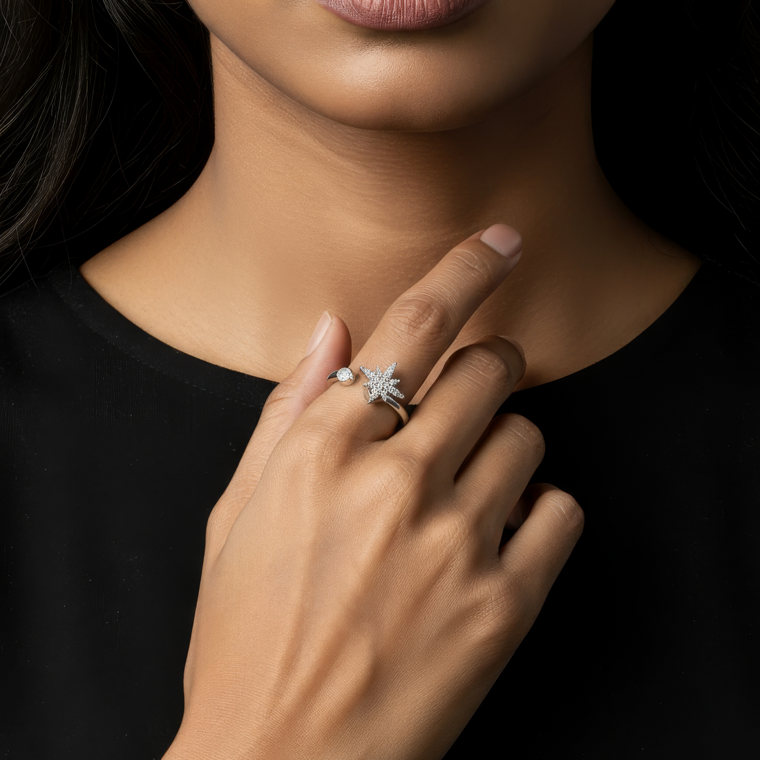 Women’s Adjustable Open Ring with Star Motif and Round Stone Accent