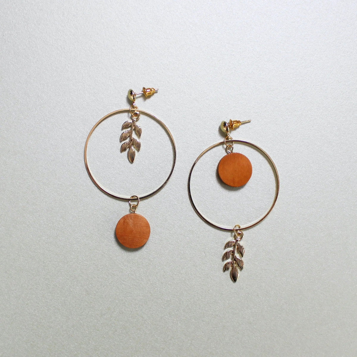 Women’s Hoop Earrings with Botanical Design, Wood Disc and Leaf Pendant