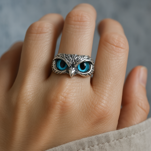Brianna – Adjustable Lucky Ring with Owl in Silver and Opal
