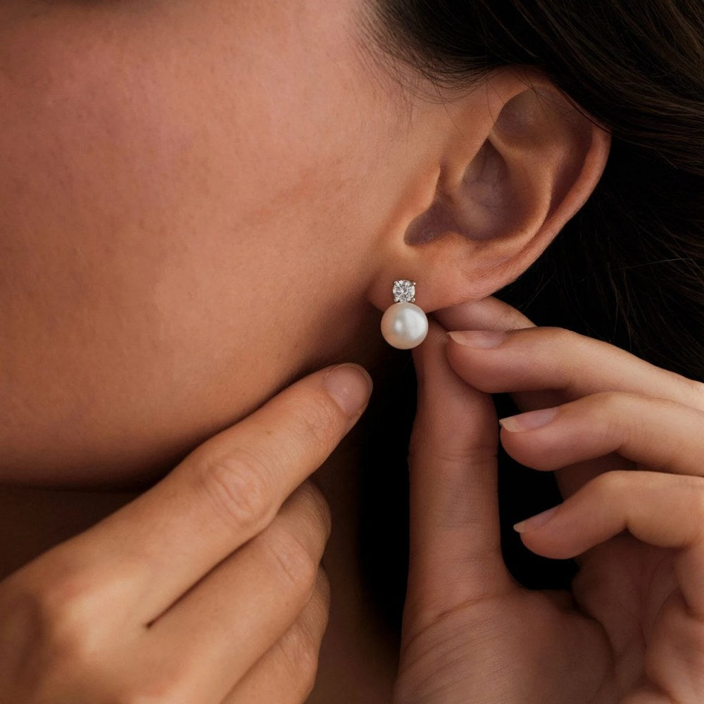 Minimalist Round Diamond White and Freshwater Pearl 925 Sterling Silver Stud Earrings