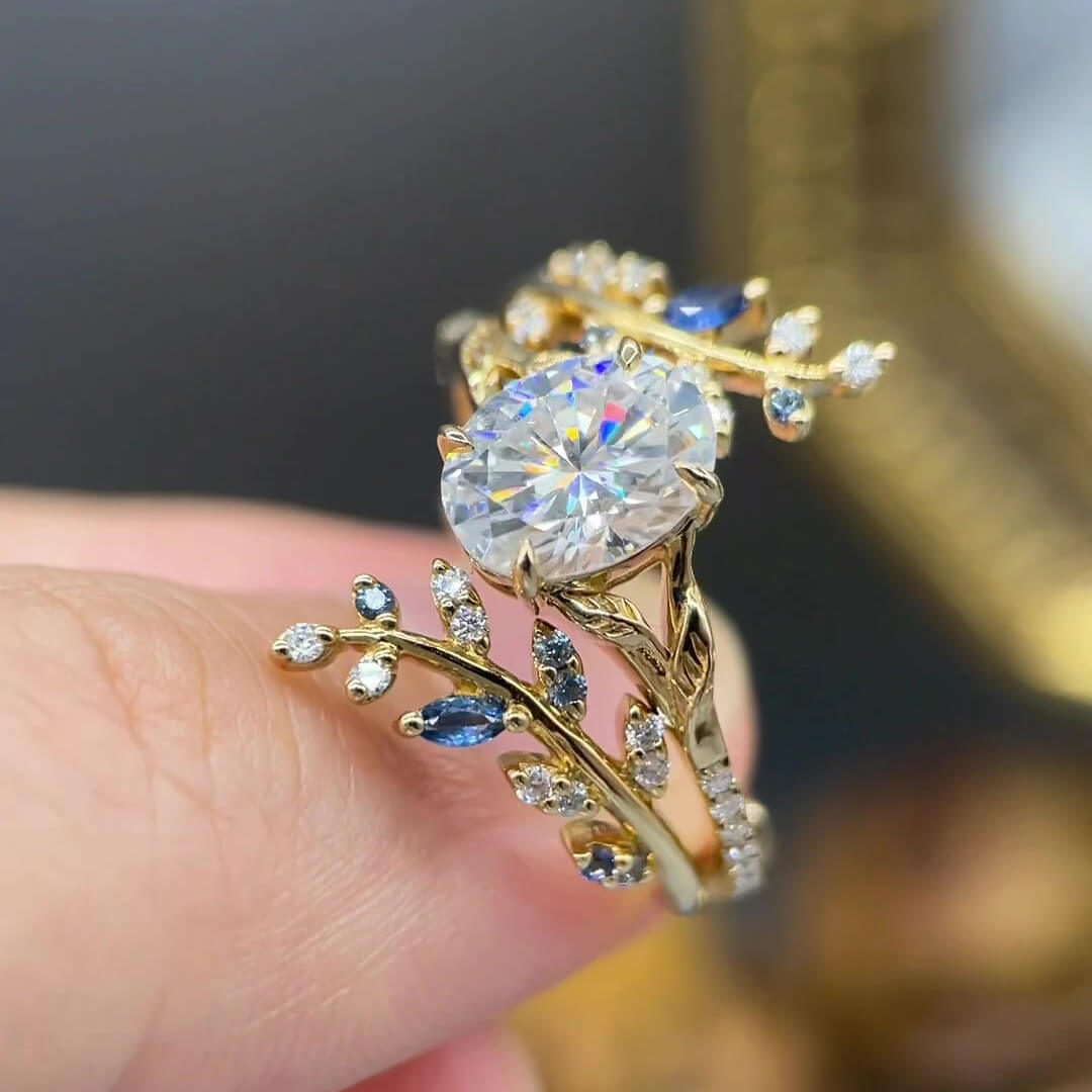 Oval Cut Diamond White Yellow Gold Sterling Silver Nature-Inspired Leaf Branch Bridal Ring Set