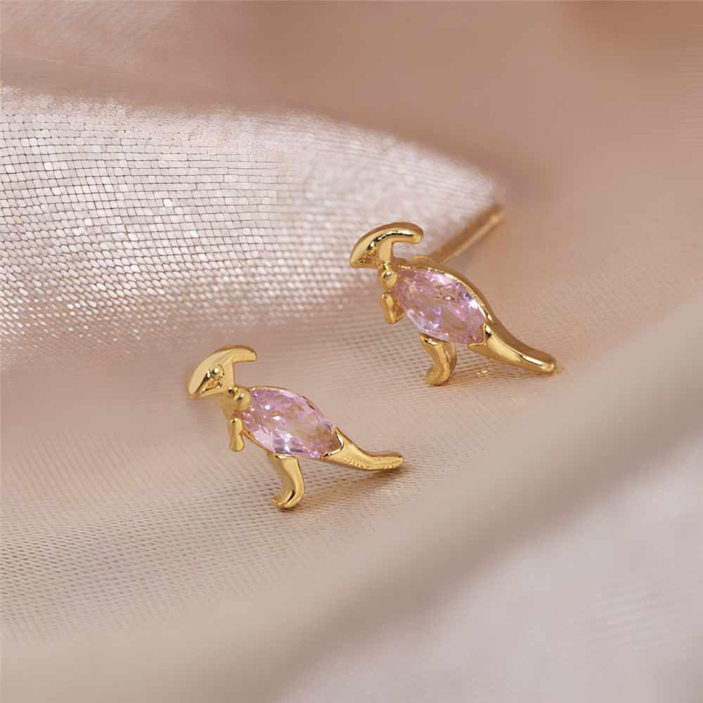 Ladies Dino Earrings in Pair with Dinosaur Design and Jewelry Stone Details