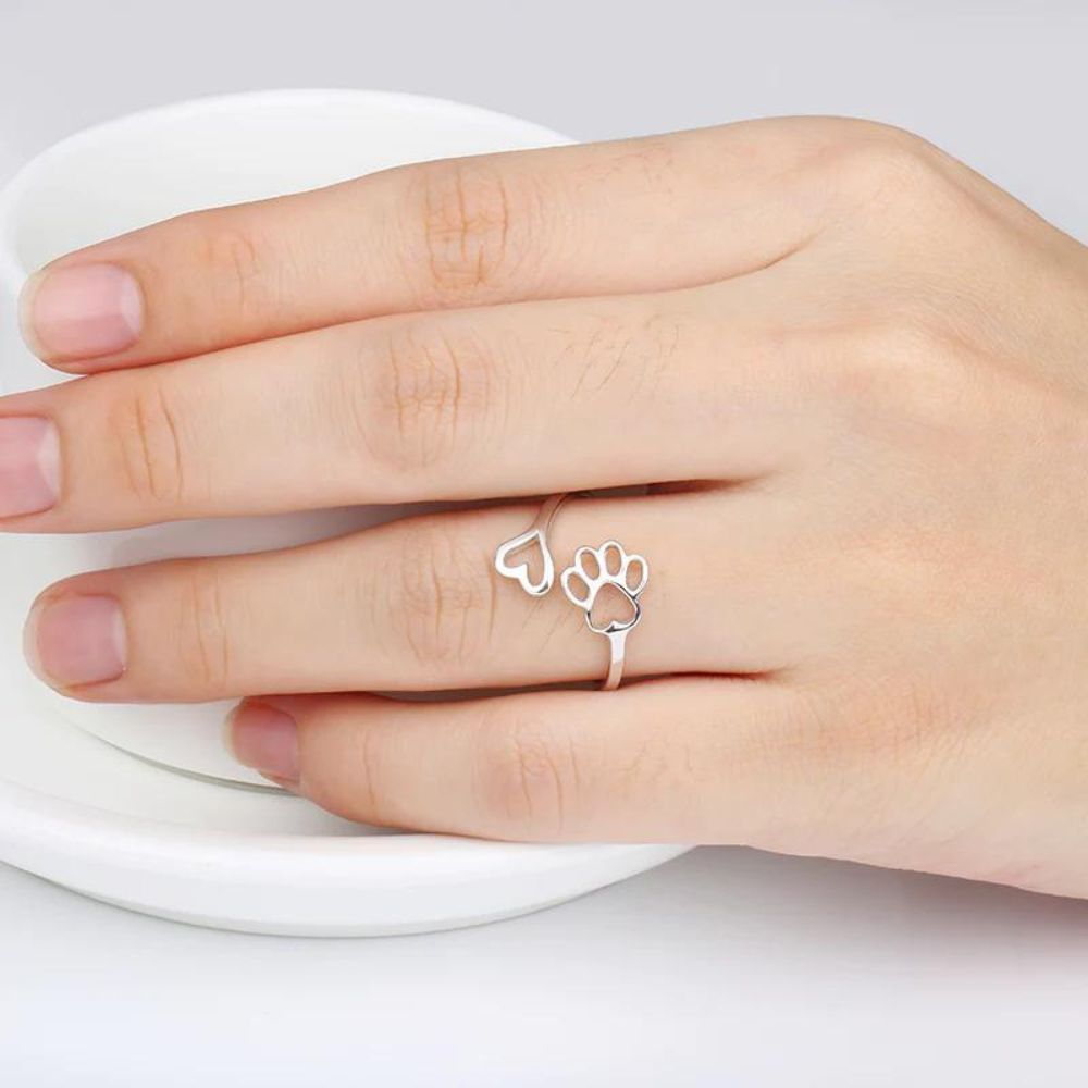 Women Adjustable Open Ring with Heart and Paw Motif