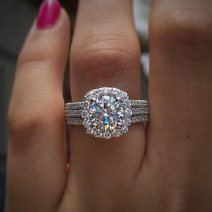 Round Cut Diamond White Halo Engagement Ring in Sterling Silver