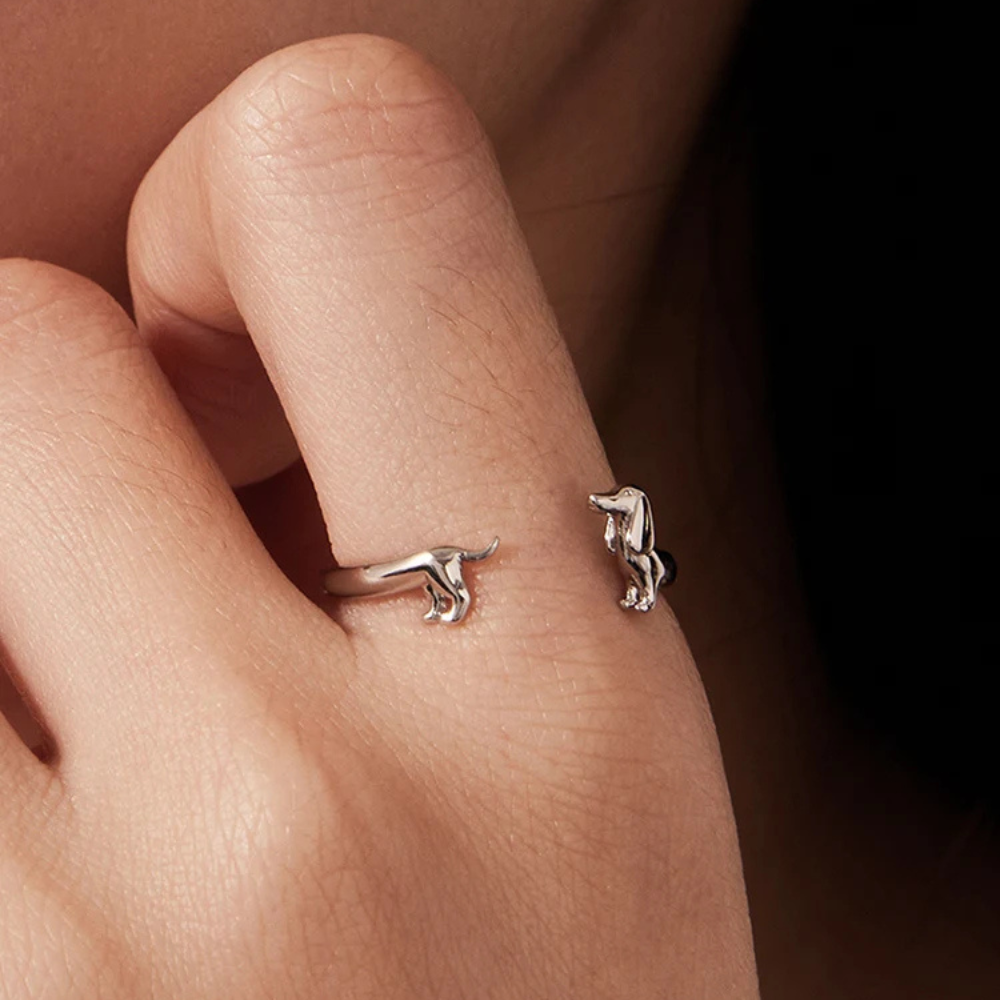 Women Adjustable Open Ring with Dachshund Motif
