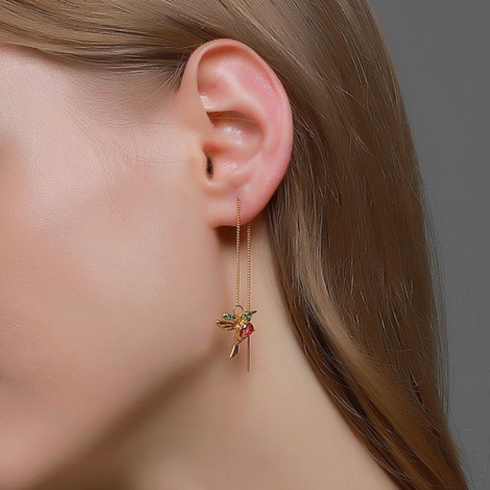 Ladies Hummingbird Earrings with Hanging Bird Motif - Pair