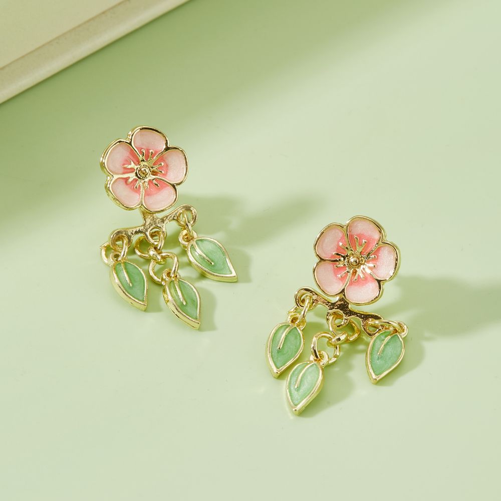 Women’s Cherry Blossom Earrings with Hanging Leaf Design