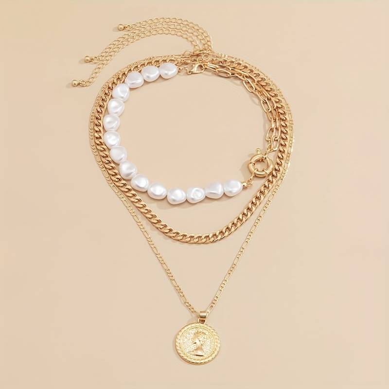 Pearl and Vintage Pendant Necklace - 3 Piece Pendant and Pearl Necklace