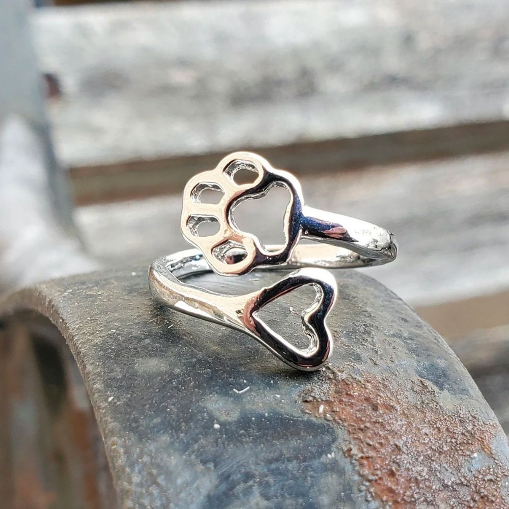 Women Adjustable Open Ring with Heart and Paw Motif