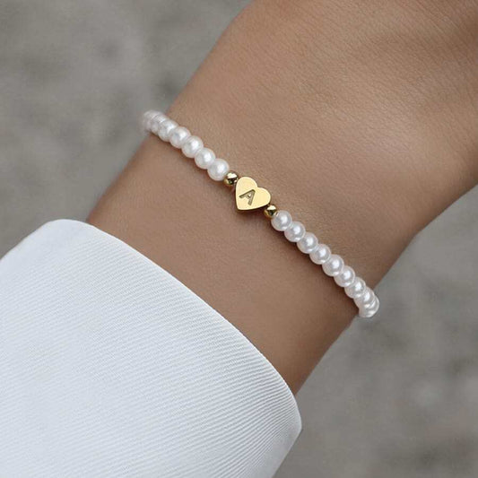Personalized Initial Bead Bracelet - Engraved Heart Bead Bracelet
