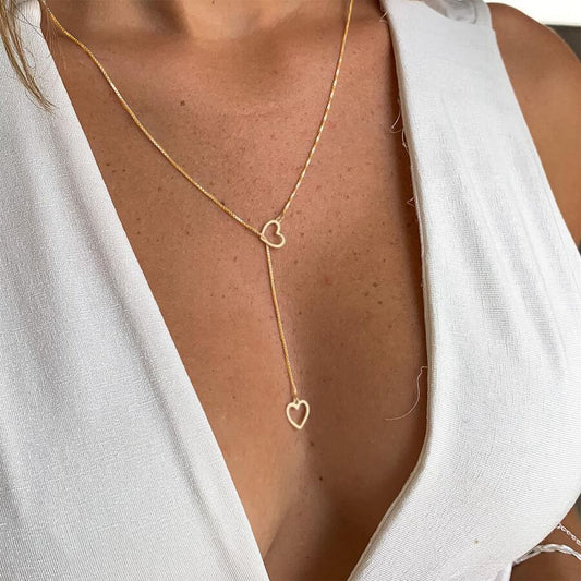 Heart Drop Necklace - 2 Hearts Gold Drop Necklace