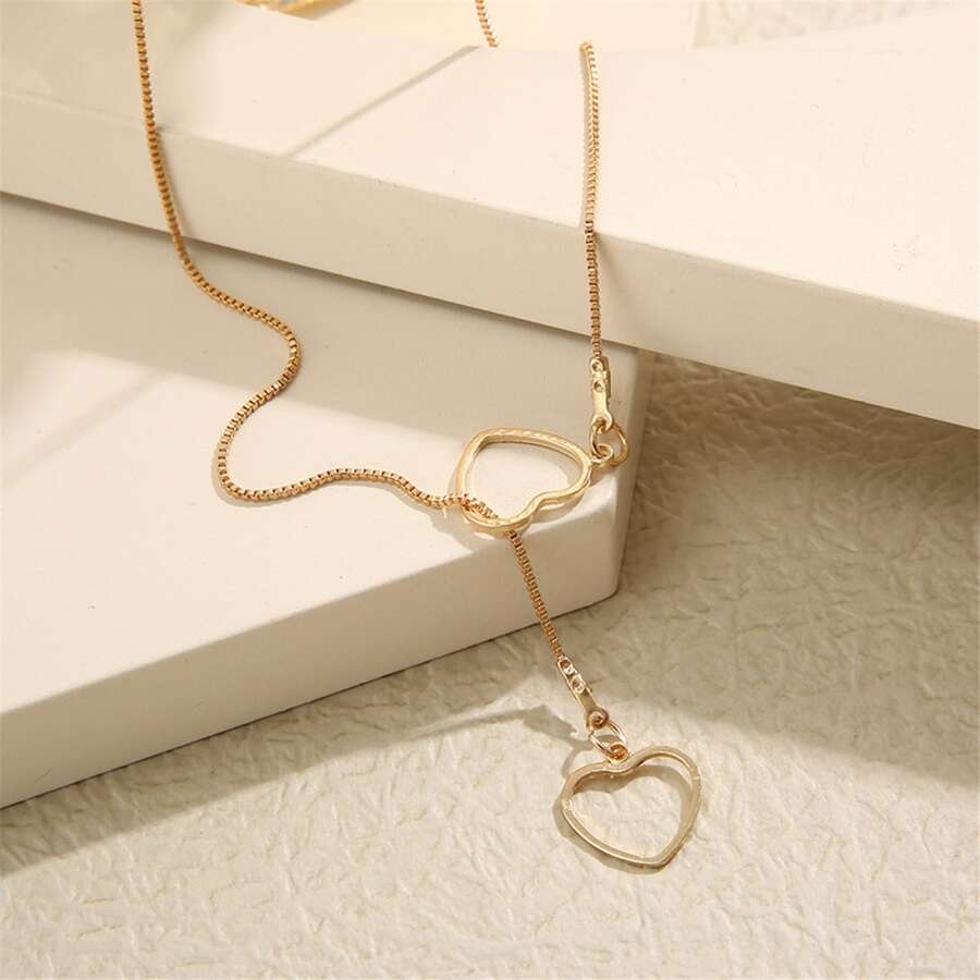 Heart Drop Necklace - 2 Hearts Gold Drop Necklace