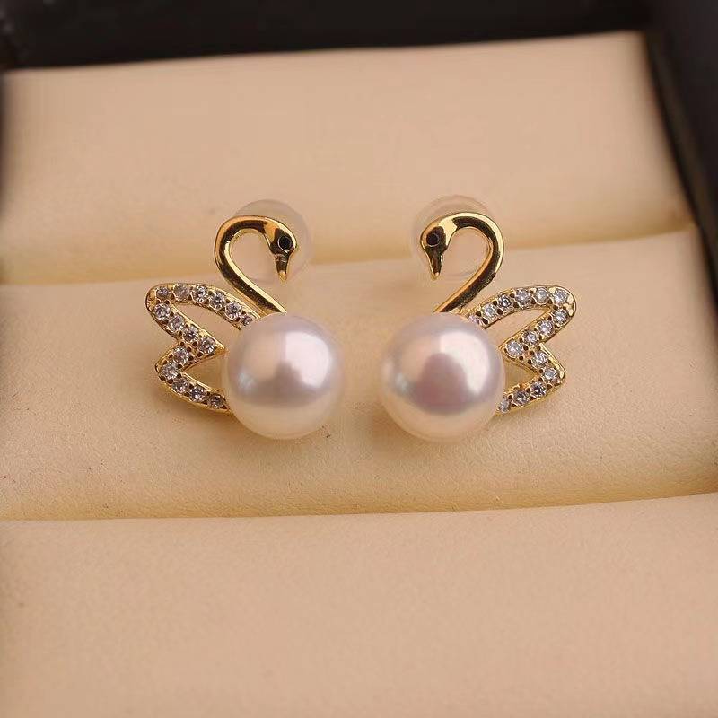 Gold Diamond Swan Earrings - Golden Swan Earrings with Pearl