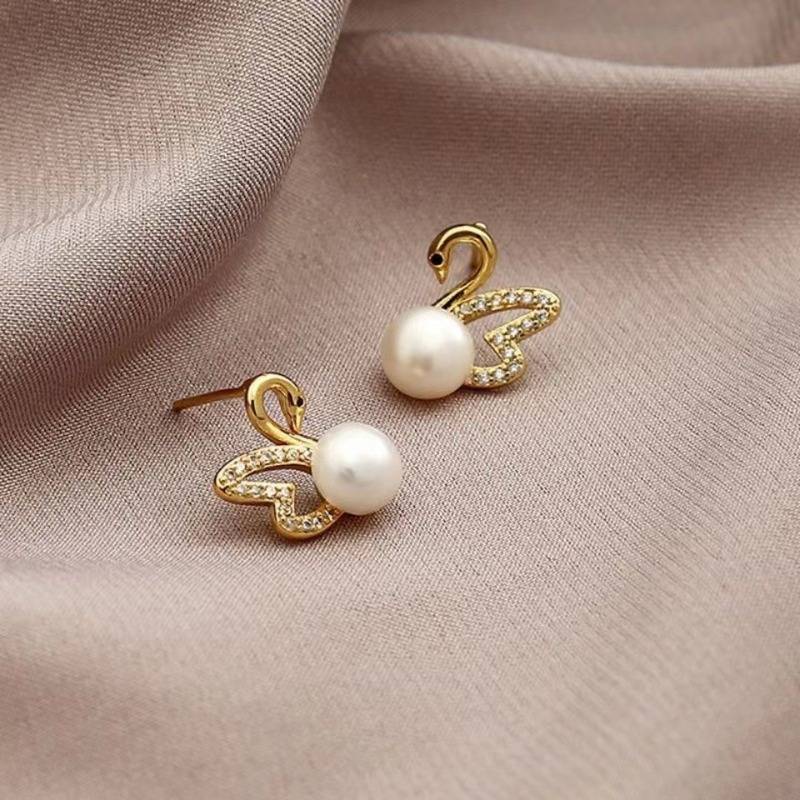 Gold Diamond Swan Earrings - Golden Swan Earrings with Pearl