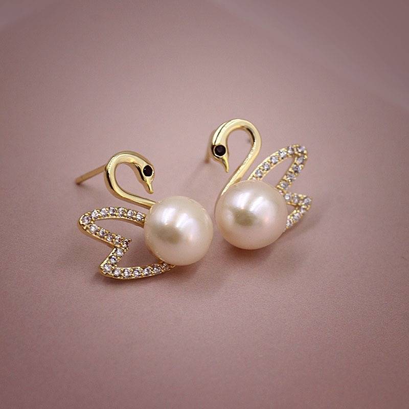Gold Diamond Swan Earrings - Golden Swan Earrings with Pearl