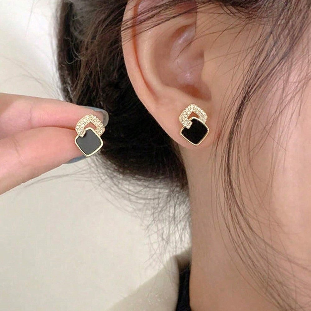 Geometric Stud Earrings - Earrings with Black Zirconia