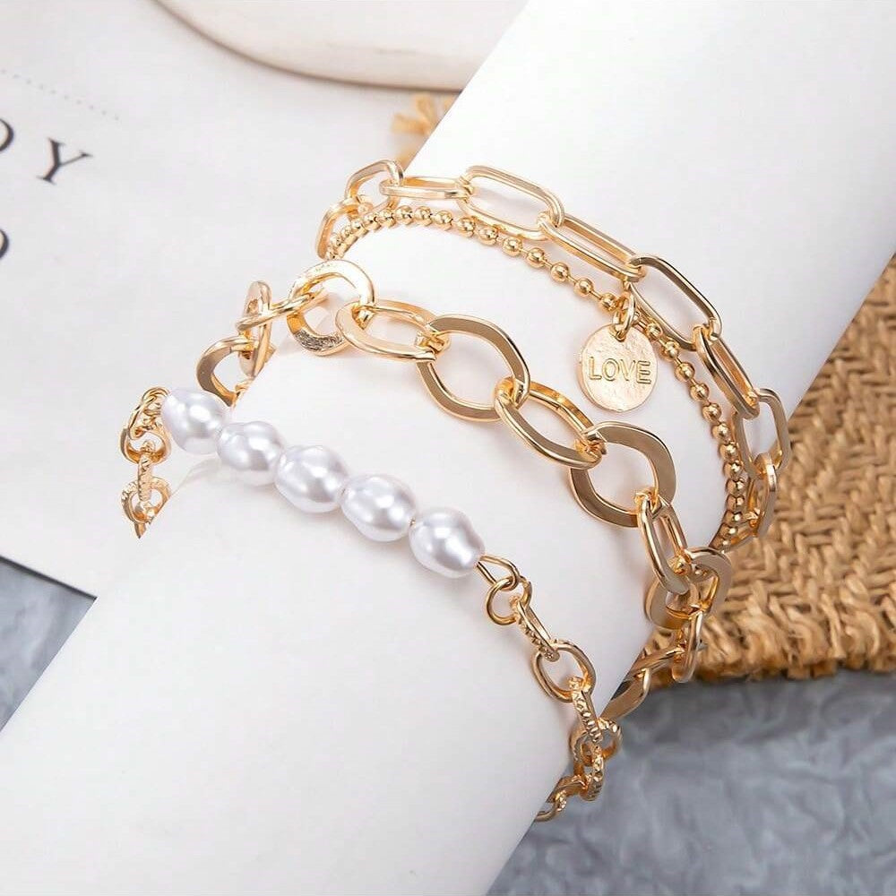 3-piece gold pearl bracelet - large chain set