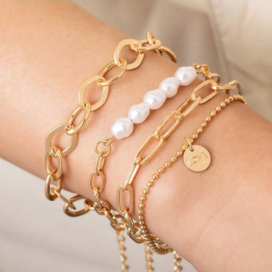 3-piece gold pearl bracelet - large chain set
