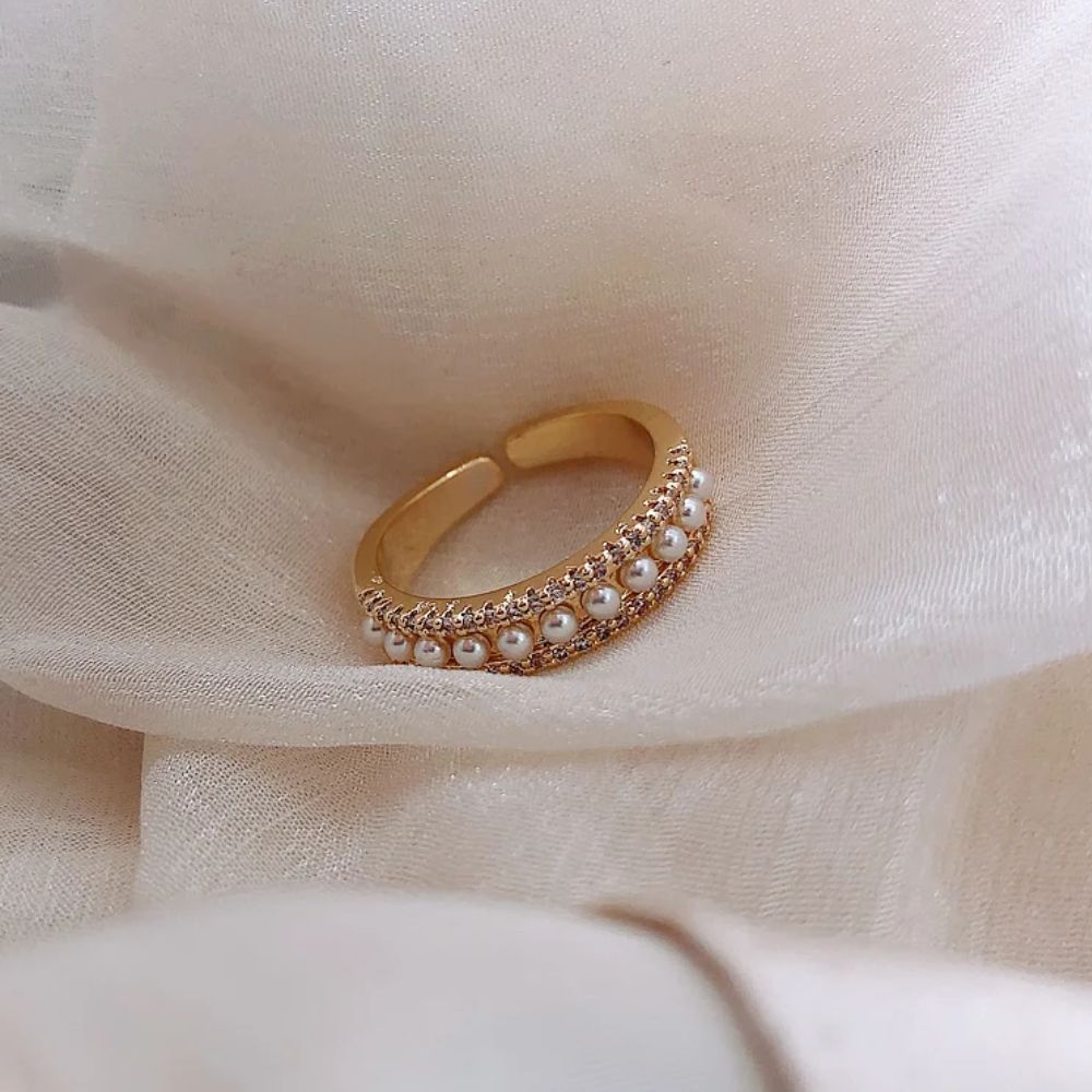 Women's Adjustable Ring with Open Design, Pearl Detail and Stone Embellishment
