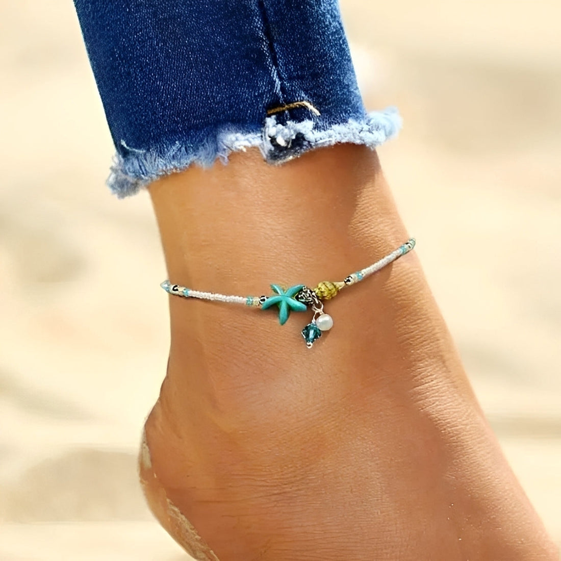Mireva – Anklet with Star, Shell, and Natural Stones