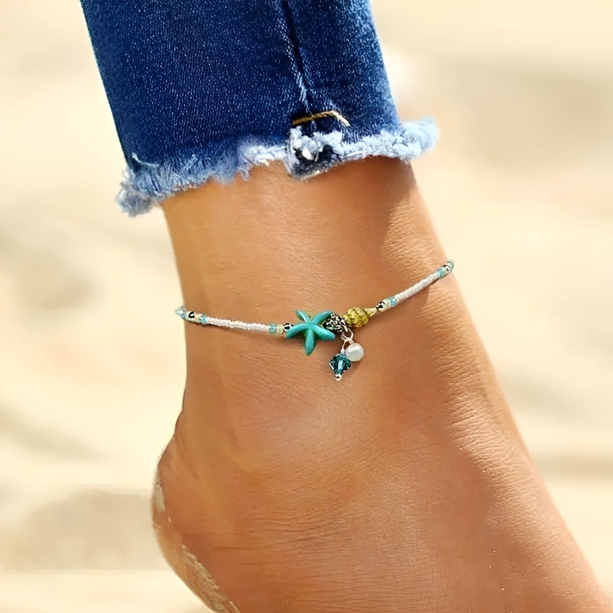 Mireva – Anklet with Star, Shell, and Natural Stones