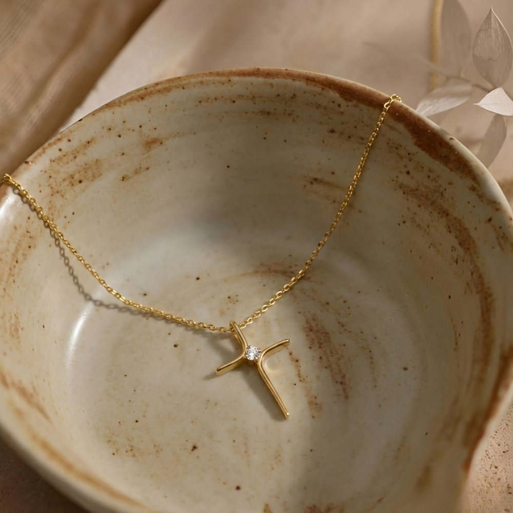 Women's Cross Necklace with Fine Line Motif and Central Stone Accent