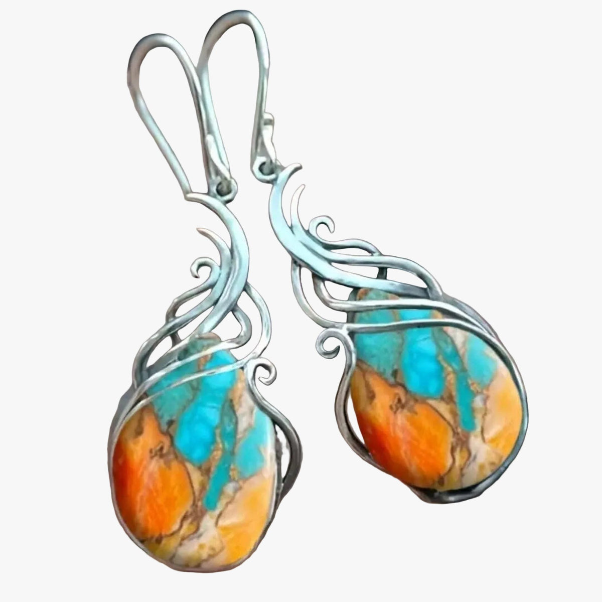 Women's Drop Earrings with Oval Stones and Curved Flame Design