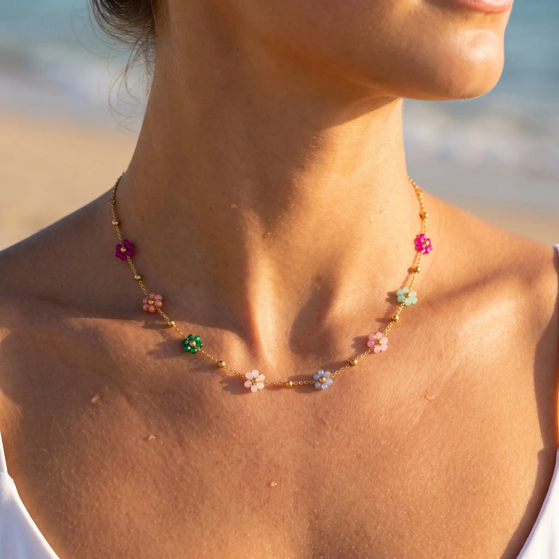 Women's Necklace with Multiple Flower Charms and Extension Chain