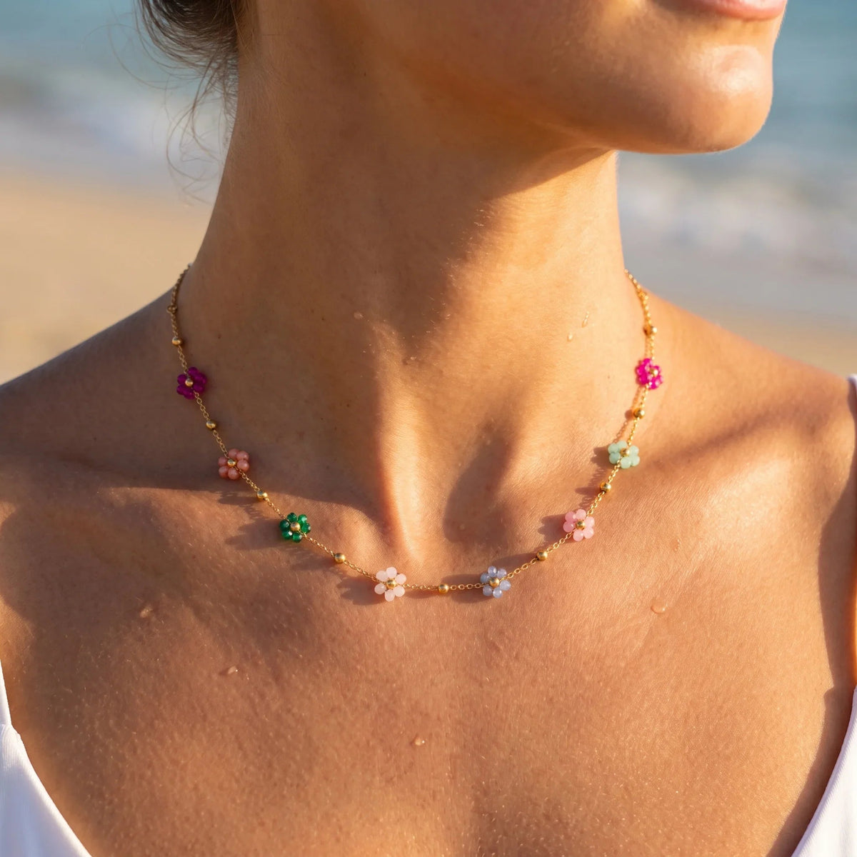 Women's Necklace with Multiple Flower Charms and Extension Chain