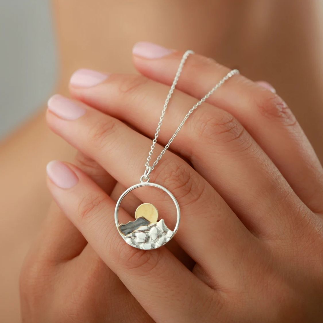 Women Necklace with Mountain Pendant and Sun Motif