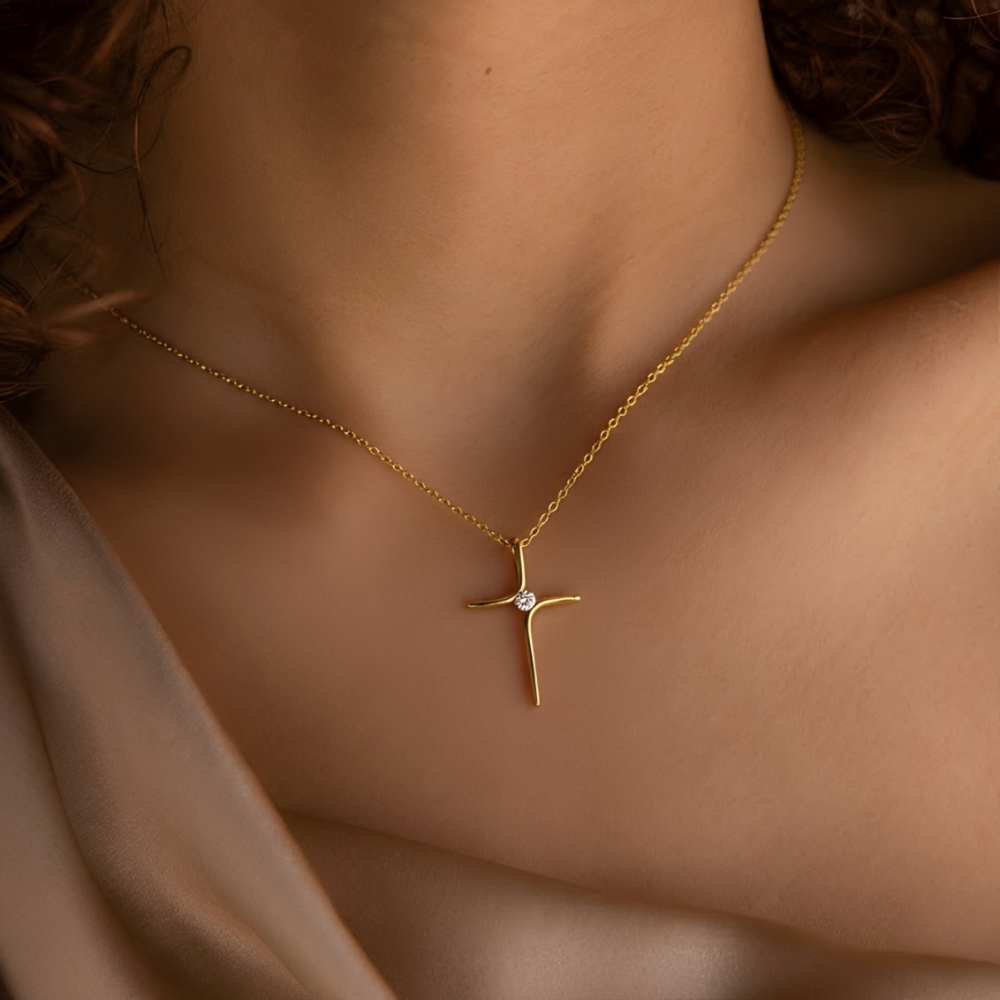 Women's Cross Necklace with Fine Line Motif and Central Stone Accent