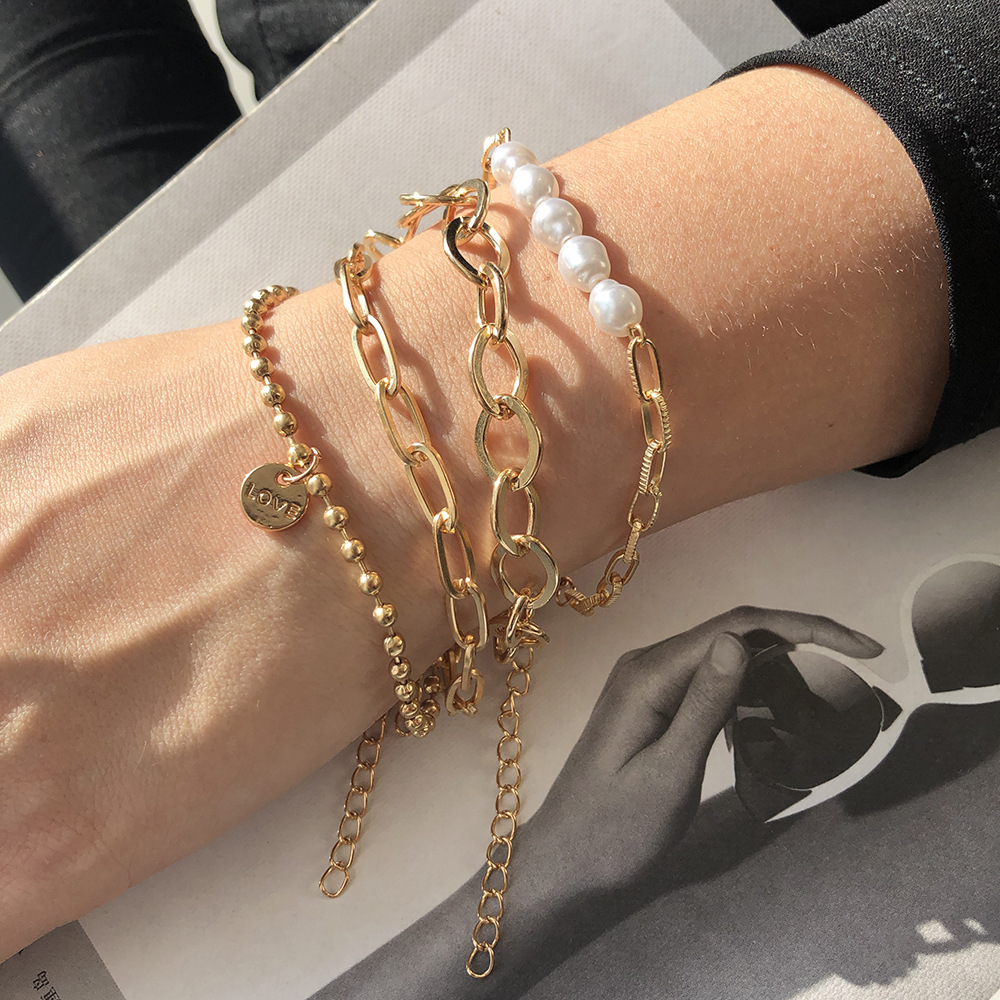 3-piece gold pearl bracelet - large chain set
