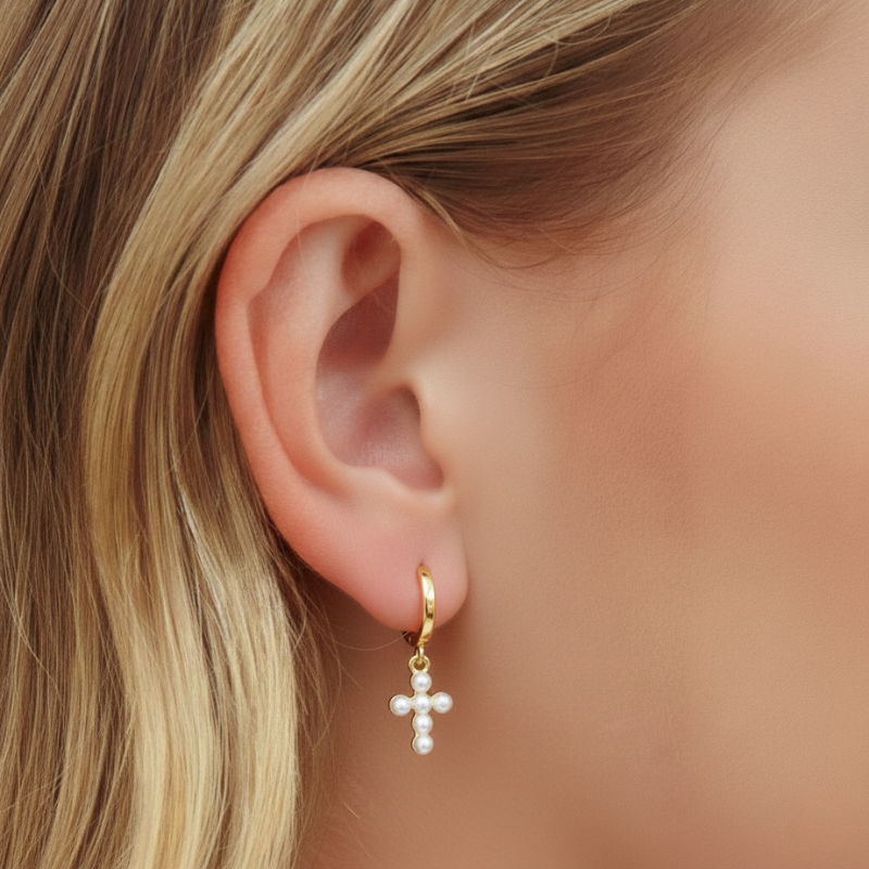 Women’s Huggie Earrings with Cross Pendant and Pearl Details