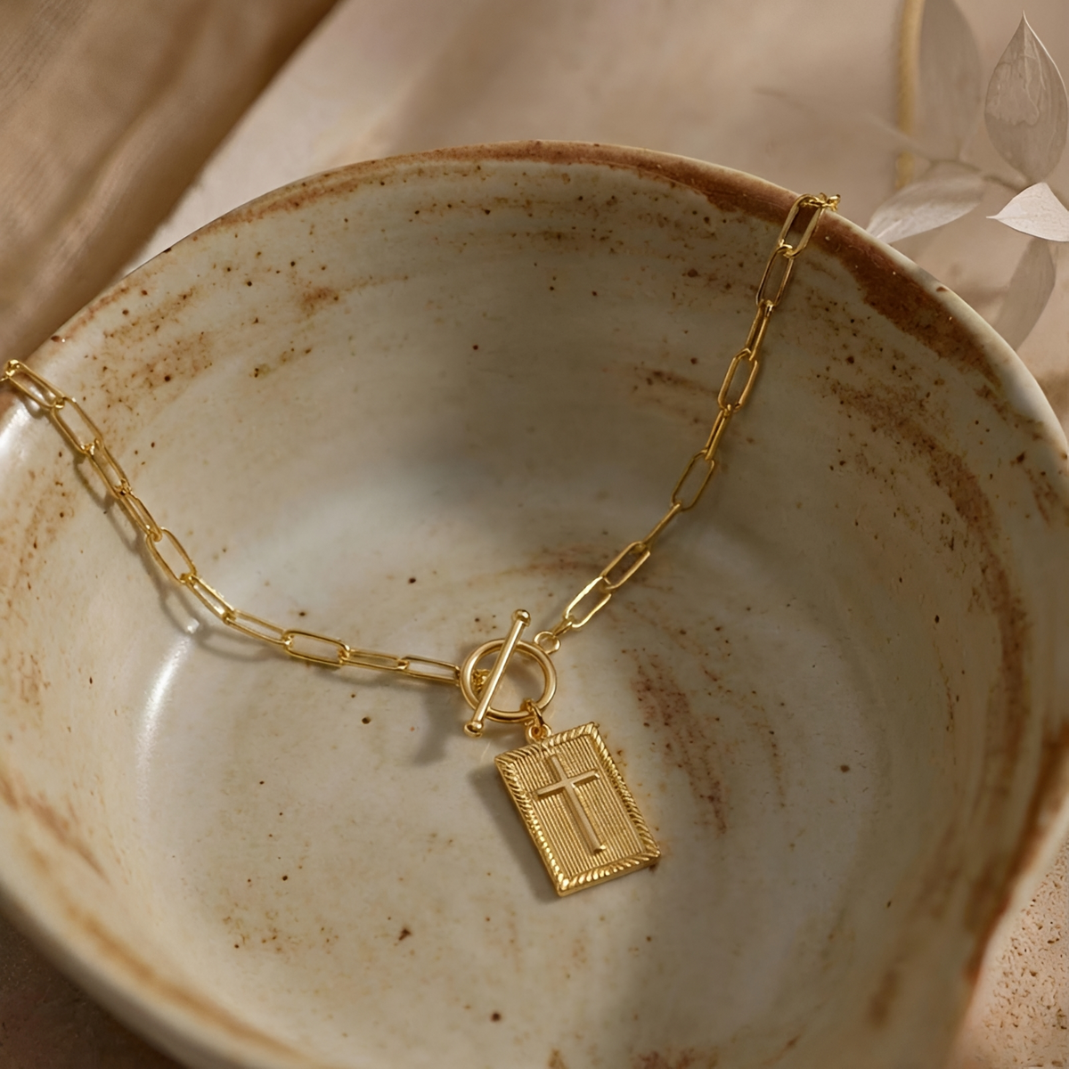 Women's Pendant Necklace with Rectangular Pendant, Paperclip Chain and Toggle Clasp