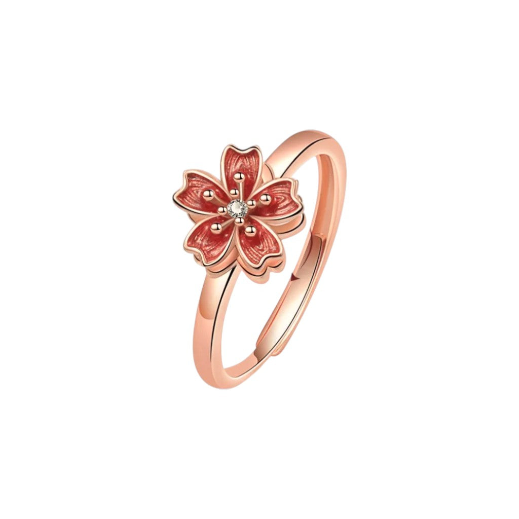 Women’s Adjustable Ring with Five Petal Flower Motif and Stone Accent