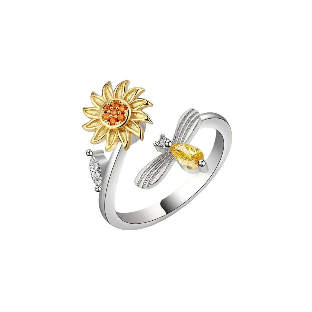 Women’s Adjustable Open Ring with Sunflower and Bee Design