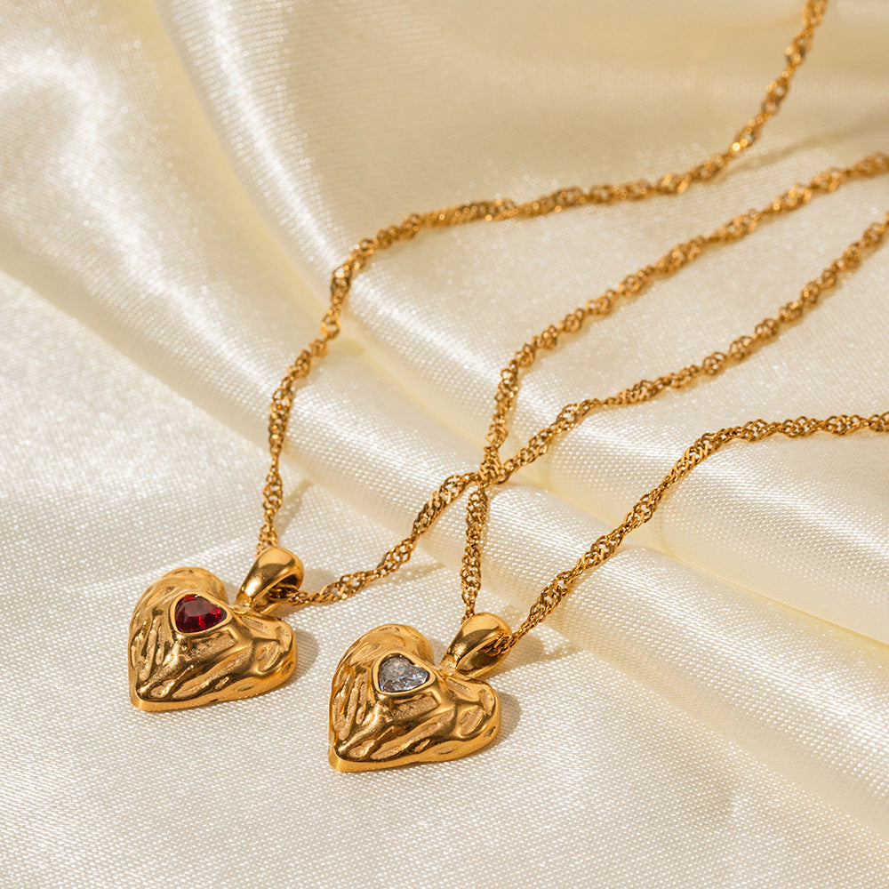 Women's Heart Pendant Necklace with Wavy Surface and Twisted Chain