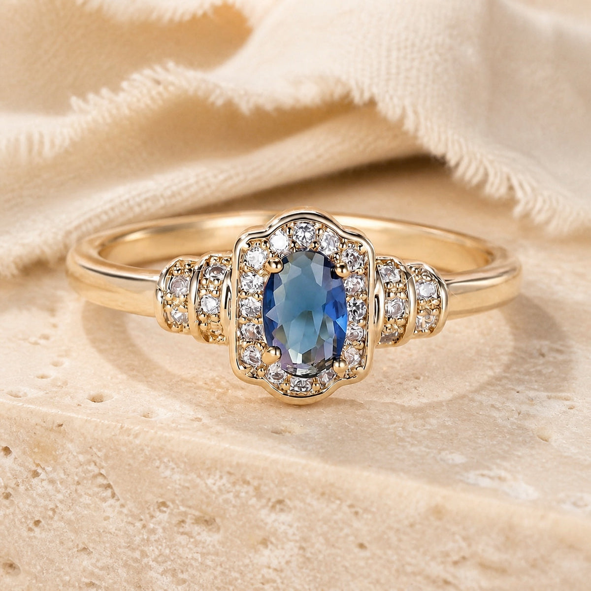 Women’s Halo Ring with Sapphire Center Stone and Crystal Accents