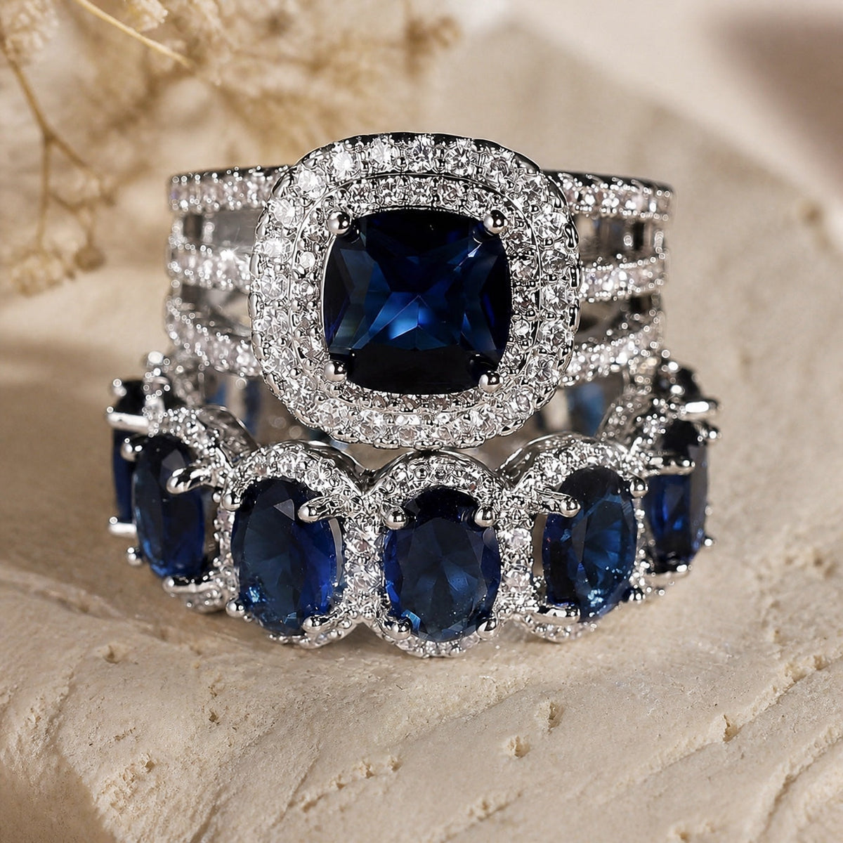 Women’s Stacking Ring Set with Halo Center Stone and Multi-Row Design