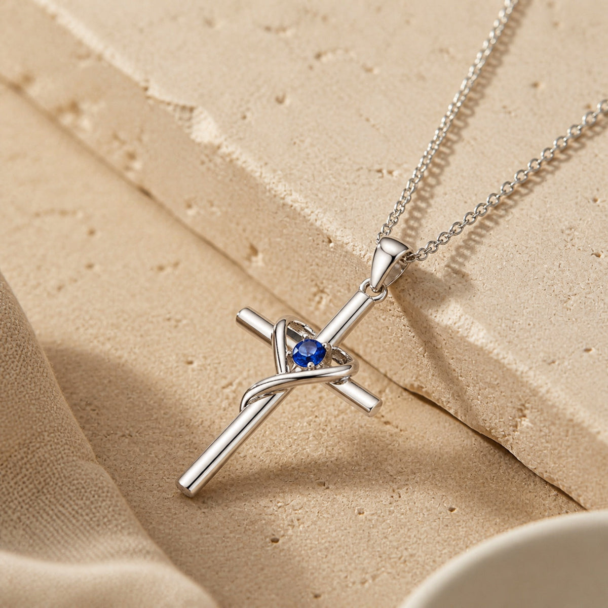 Women’s Cross Necklace with Wrapped Design and Round Center Stone
